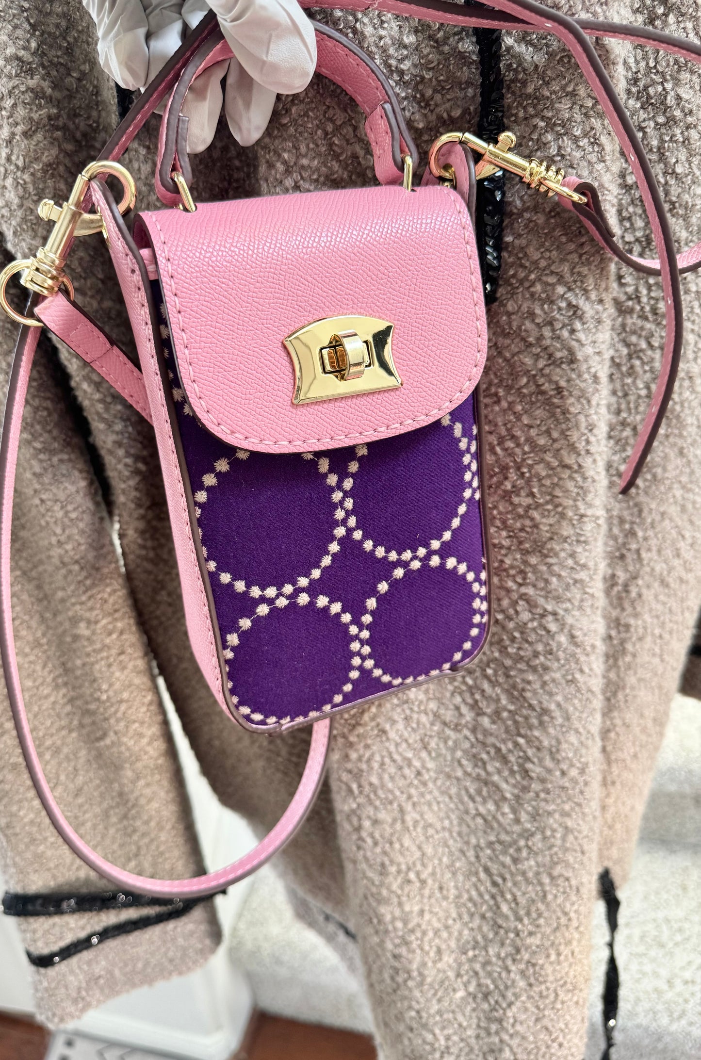 ESH Exclusive Collection - Purple | Phone Bag | Double-sided Pattern | mina perhonen Fabric | Real Leather | Handle | Crossbody | Handmade Products