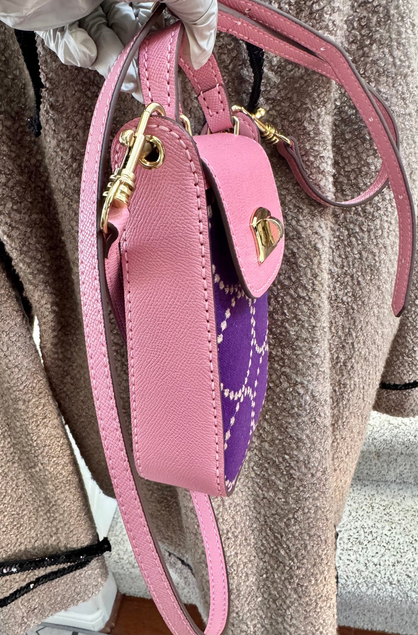 ESH Exclusive Collection - Purple | Phone Bag | Double-sided Pattern | mina perhonen Fabric | Real Leather | Handle | Crossbody | Handmade Products