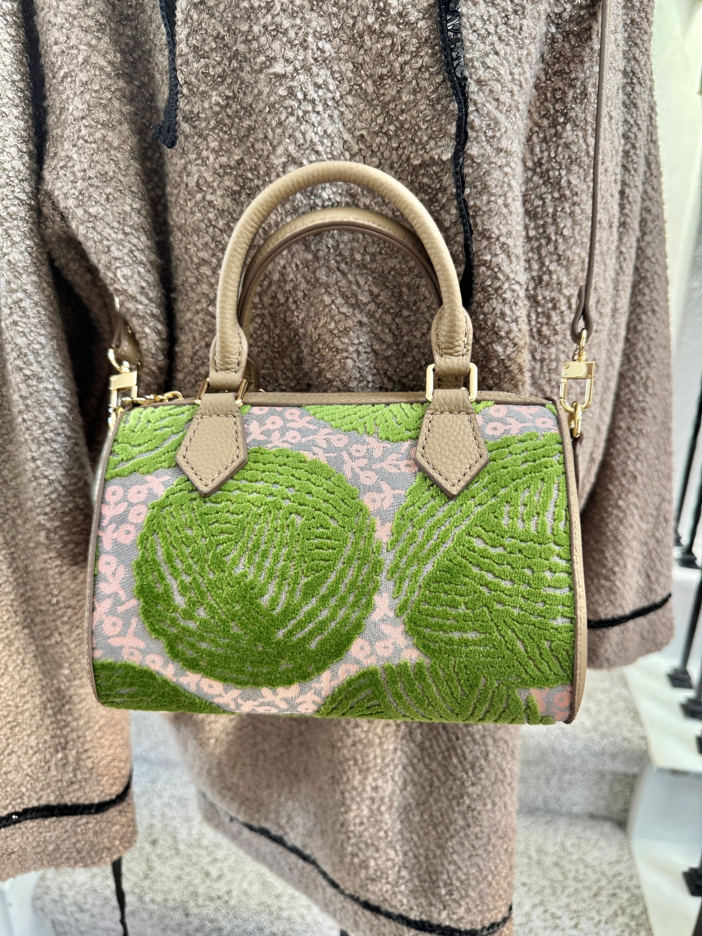 ESH Exclusive Collection - Green wool ball | Double-sided Pattern | mina perhonen Fabric | Real Leather | Handle | Crossbody | Handmade Products