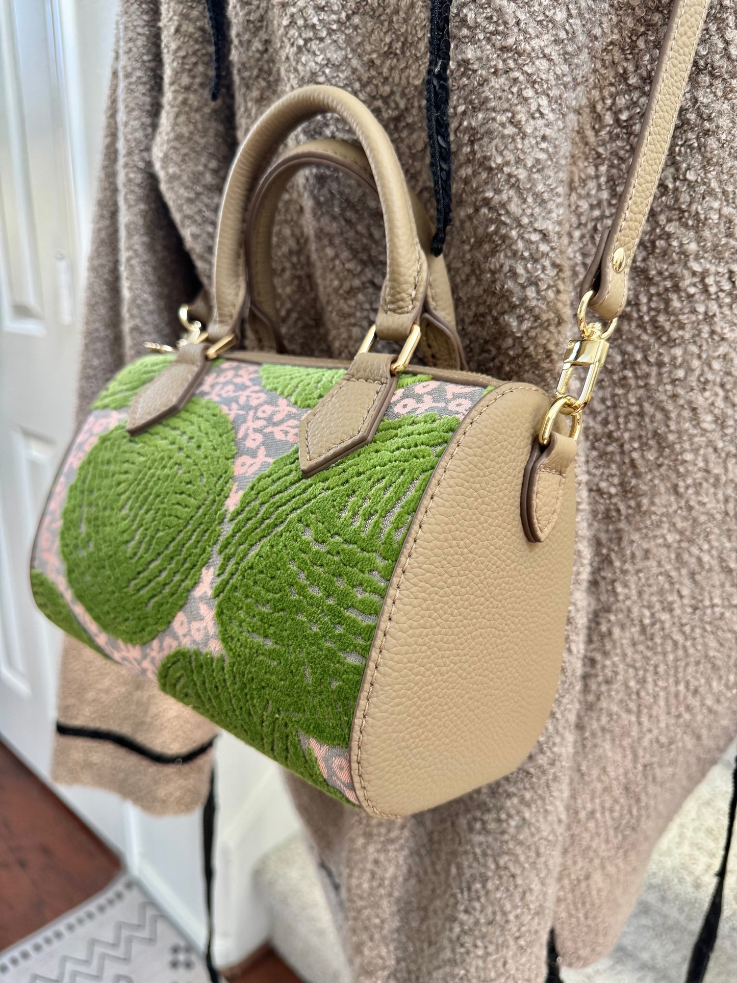 ESH Exclusive Collection - Green wool ball | Double-sided Pattern | mina perhonen Fabric | Real Leather | Handle | Crossbody | Handmade Products