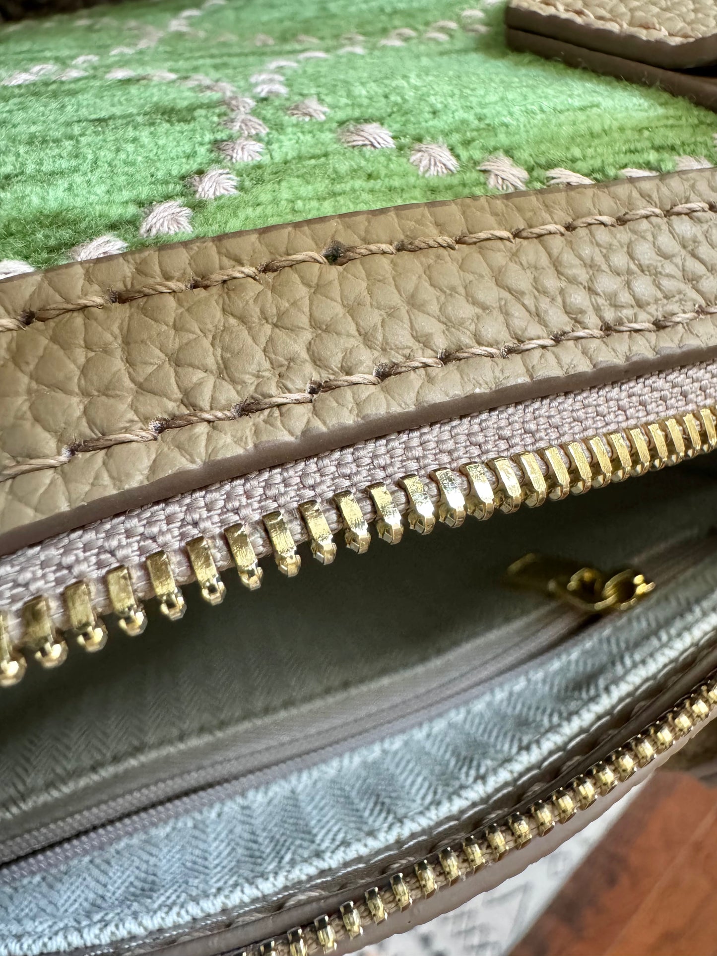 ESH Exclusive Collection - Green wool ball | Double-sided Pattern | mina perhonen Fabric | Real Leather | Handle | Crossbody | Handmade Products