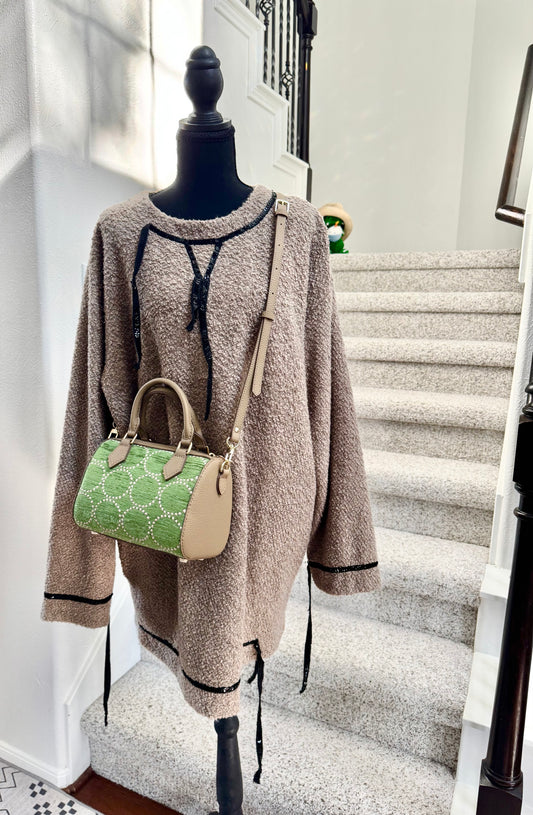 ESH Exclusive Collection - Green wool ball | Double-sided Pattern | mina perhonen Fabric | Real Leather | Handle | Crossbody | Handmade Products