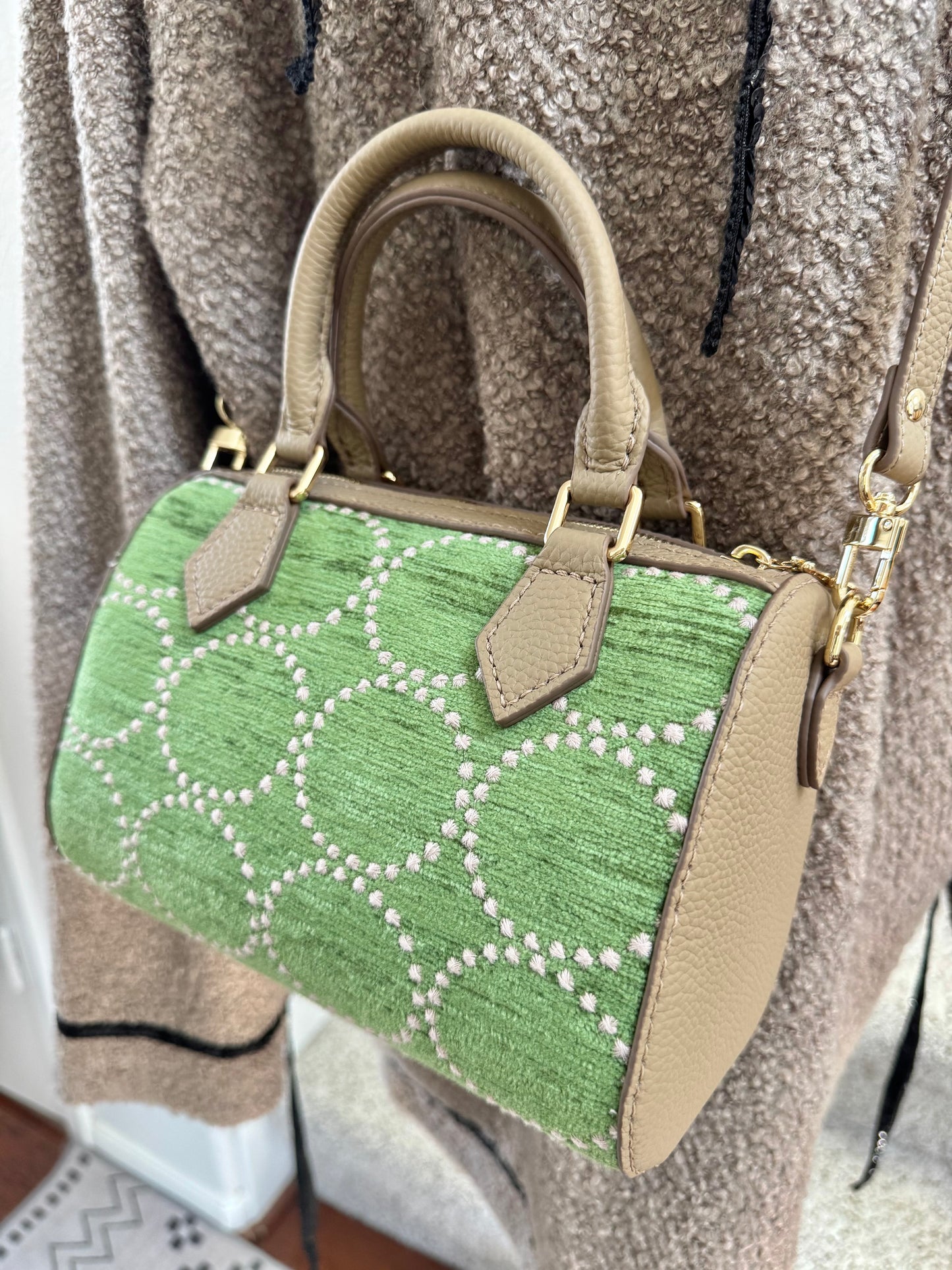 ESH Exclusive Collection - Green wool ball | Double-sided Pattern | mina perhonen Fabric | Real Leather | Handle | Crossbody | Handmade Products