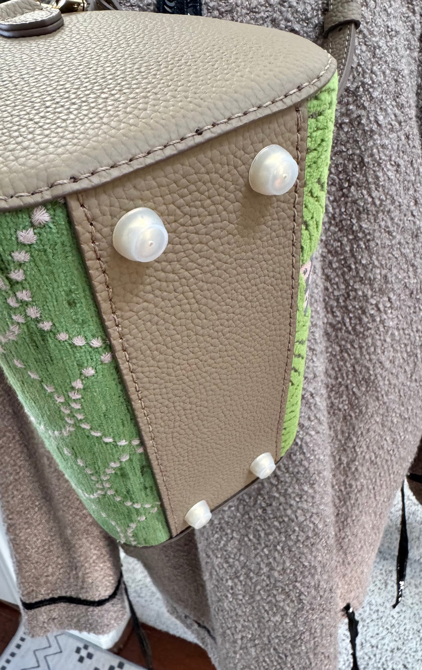 ESH Exclusive Collection - Green wool ball | Double-sided Pattern | mina perhonen Fabric | Real Leather | Handle | Crossbody | Handmade Products