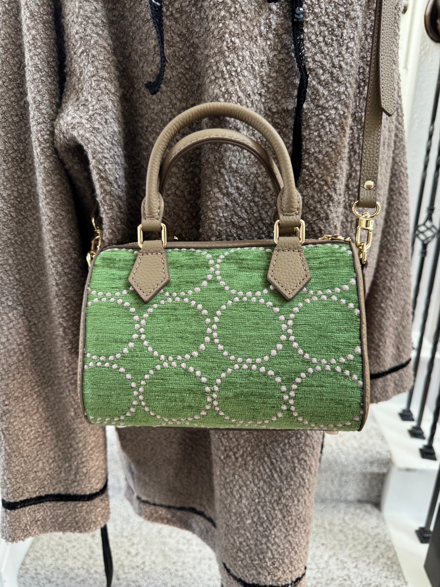 ESH Exclusive Collection - Green wool ball | Double-sided Pattern | mina perhonen Fabric | Real Leather | Handle | Crossbody | Handmade Products