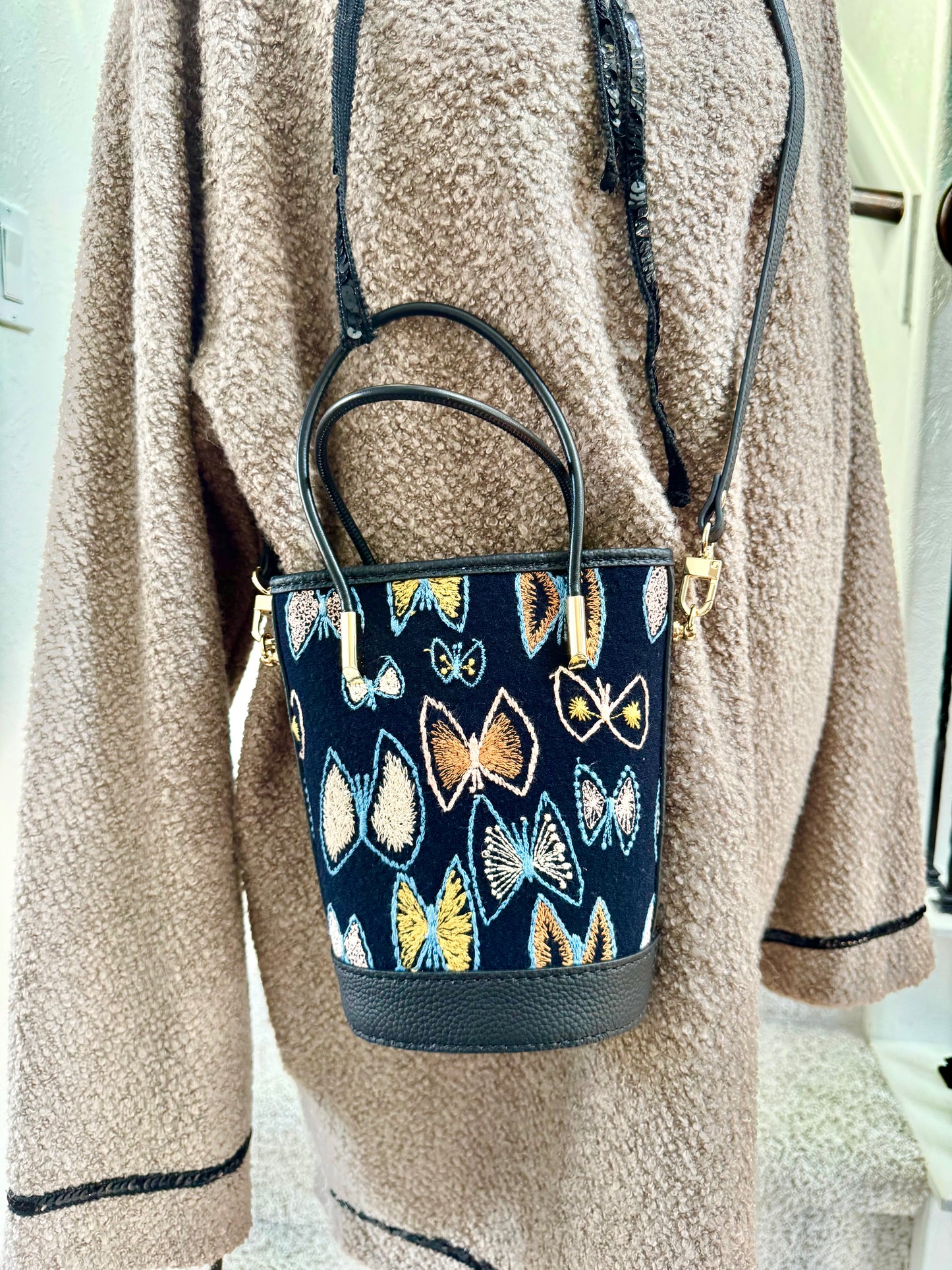 ESH Exclusive Collection - sky flower | Double-sided Pattern | mina perhonen Fabric | Real Leather | Handle | Crossbody | Handmade Products