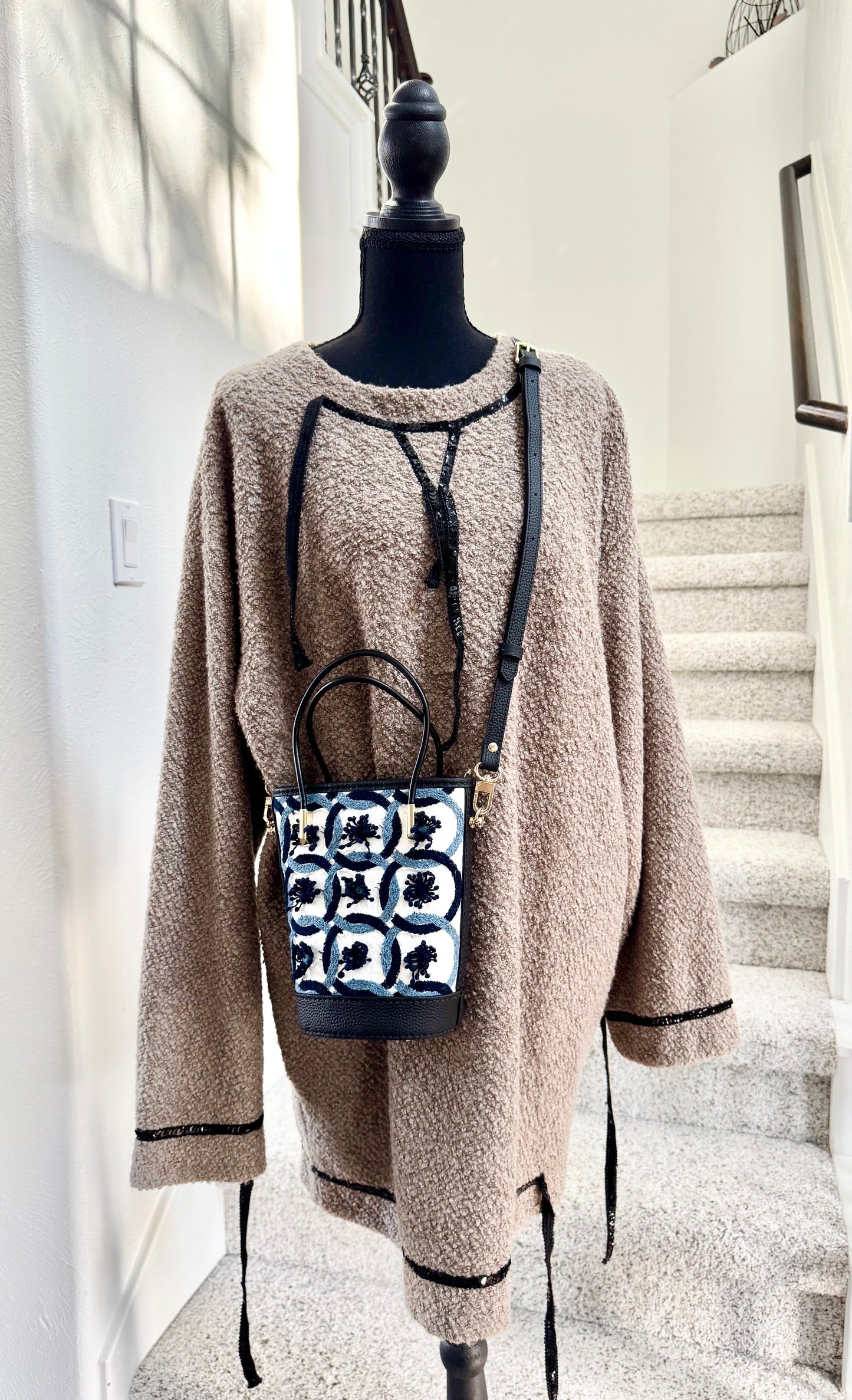 ESH Exclusive Collection - sky flower | Double-sided Pattern | mina perhonen Fabric | Real Leather | Handle | Crossbody | Handmade Products