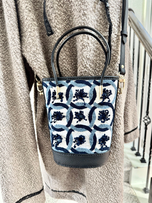 ESH Exclusive Collection - sky flower | Double-sided Pattern | mina perhonen Fabric | Real Leather | Handle | Crossbody | Handmade Products