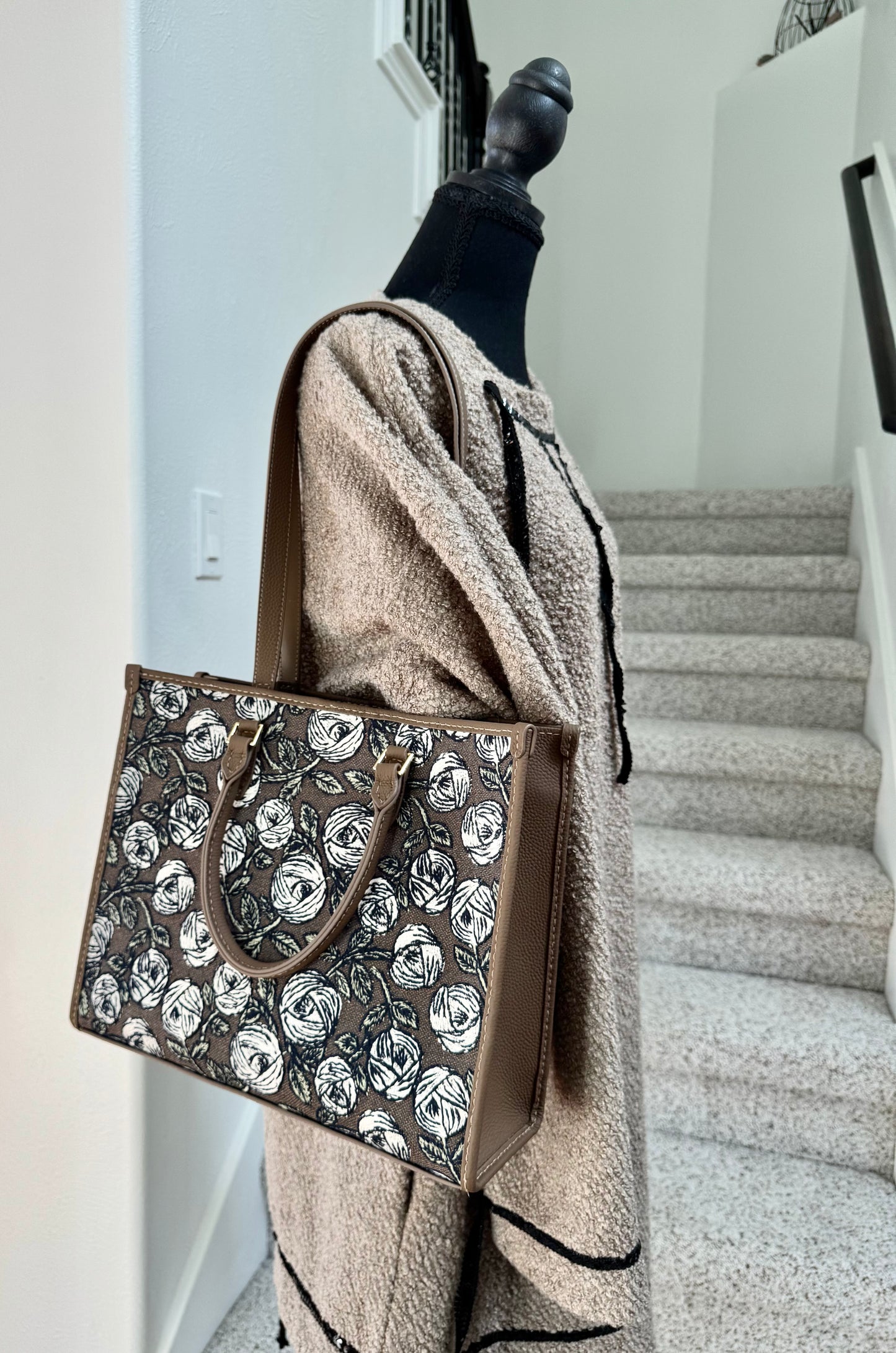 ESH Exclusive Collection - Embroidered Brown Rosy | Large Tote | mina perhonen Fabric | Real Leather | Handle | Handmade Products