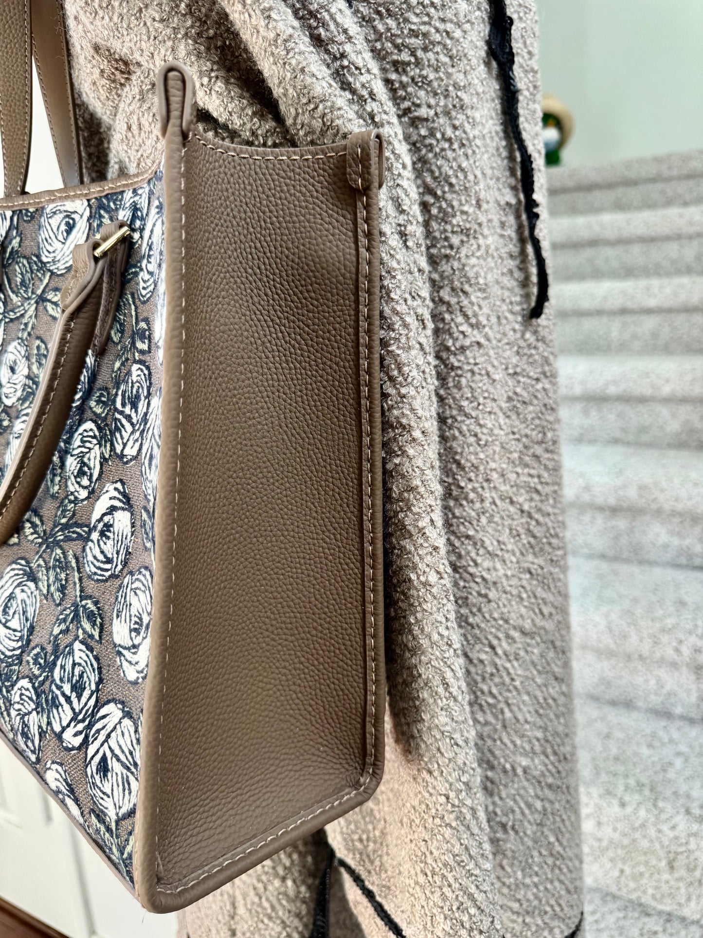 ESH Exclusive Collection - Embroidered Brown Rosy | Large Tote | mina perhonen Fabric | Real Leather | Handle | Handmade Products