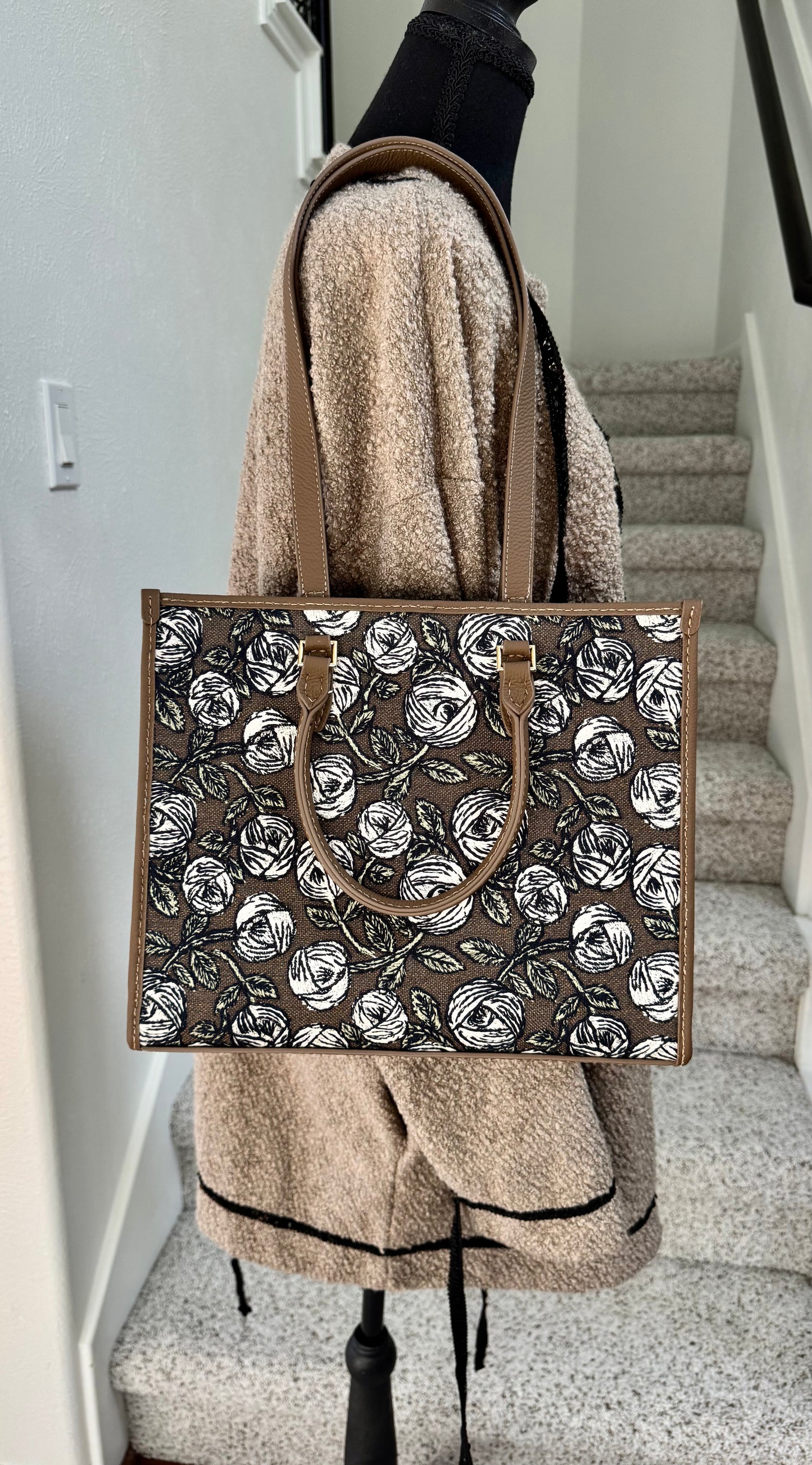 ESH Exclusive Collection - Embroidered Brown Rosy | Large Tote | mina perhonen Fabric | Real Leather | Handle | Handmade Products