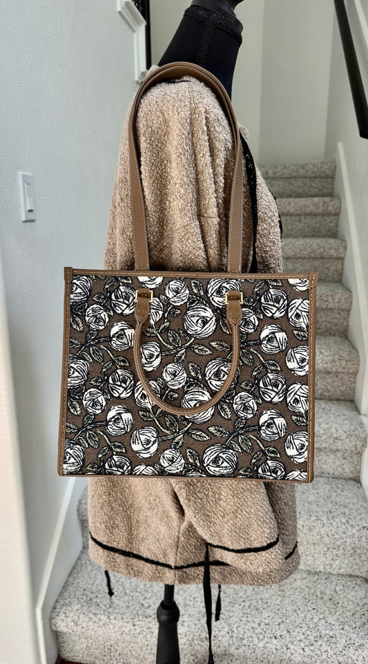 ESH Exclusive Collection - Embroidered Brown Rosy | Large Tote | mina perhonen Fabric | Real Leather | Handle | Handmade Products