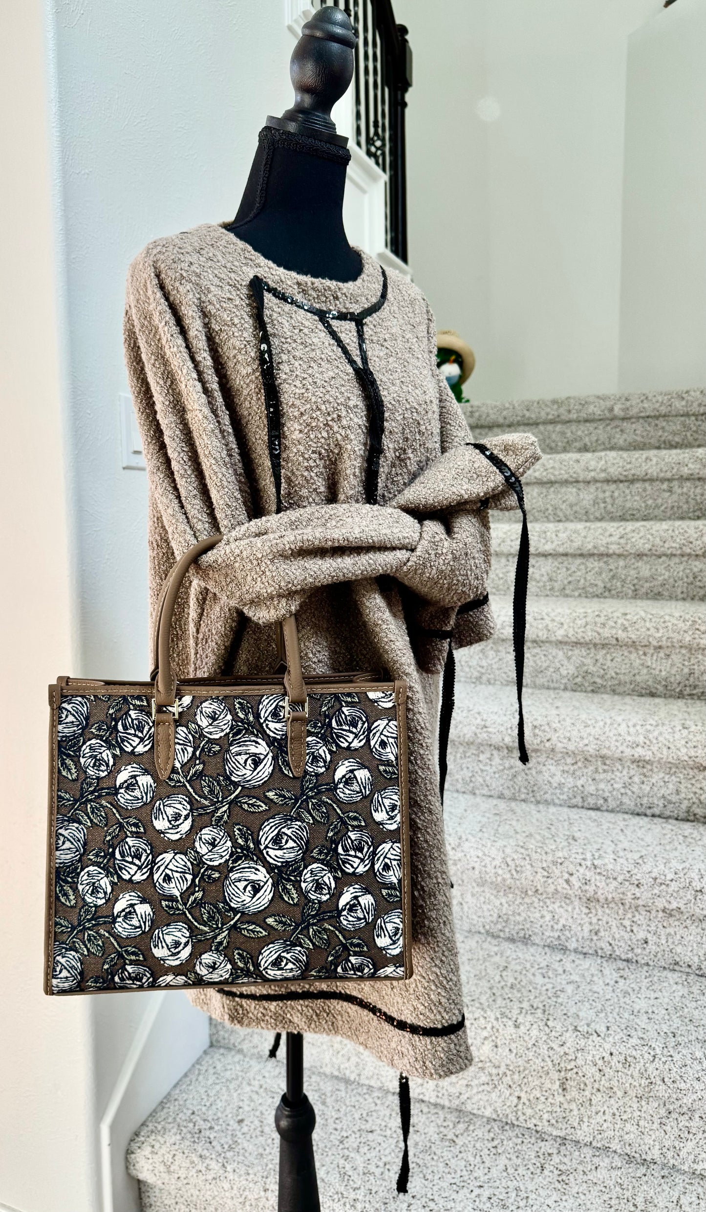 ESH Exclusive Collection - Embroidered Brown Rosy | Large Tote | mina perhonen Fabric | Real Leather | Handle | Handmade Products