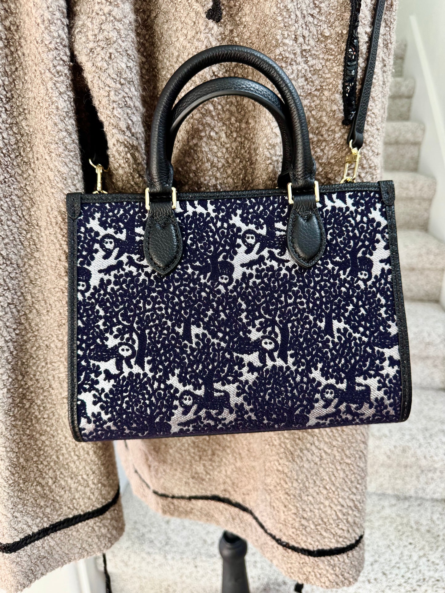 ESH Exclusive Collection - Moon Bear | Silk | Double-sided Pattern | mina perhonen Fabric | Real Leather | Handle | Crossbody | Handmade Products