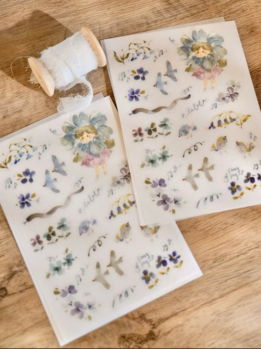 NEW! Meow Illustration - Flower Girl - Bamboo  | 2 Sheets | Rub On Sticker
