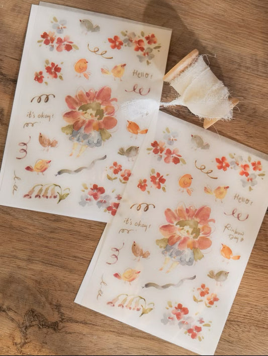 NEW! Meow Illustration - Flower Girl - Peach  | 2 Sheets | Rub On Sticker