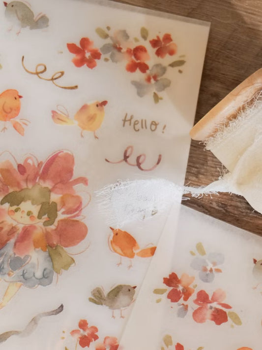 NEW! Meow Illustration - Flower Girl - Peach  | 2 Sheets | Rub On Sticker