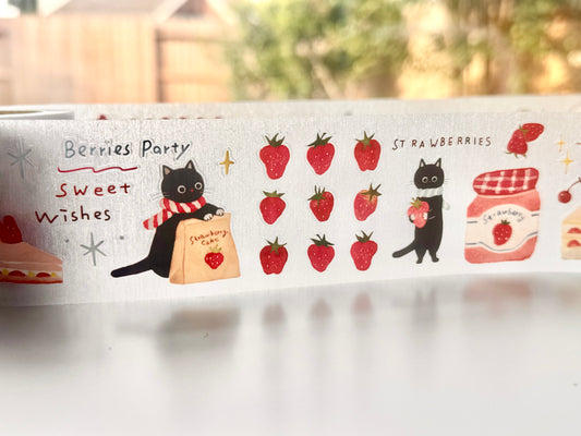 NEW! Benchu Studio - Strawberry Cat | 5cm Kiss-cut | Glitter Brushed Tape | Release Paper | 5M