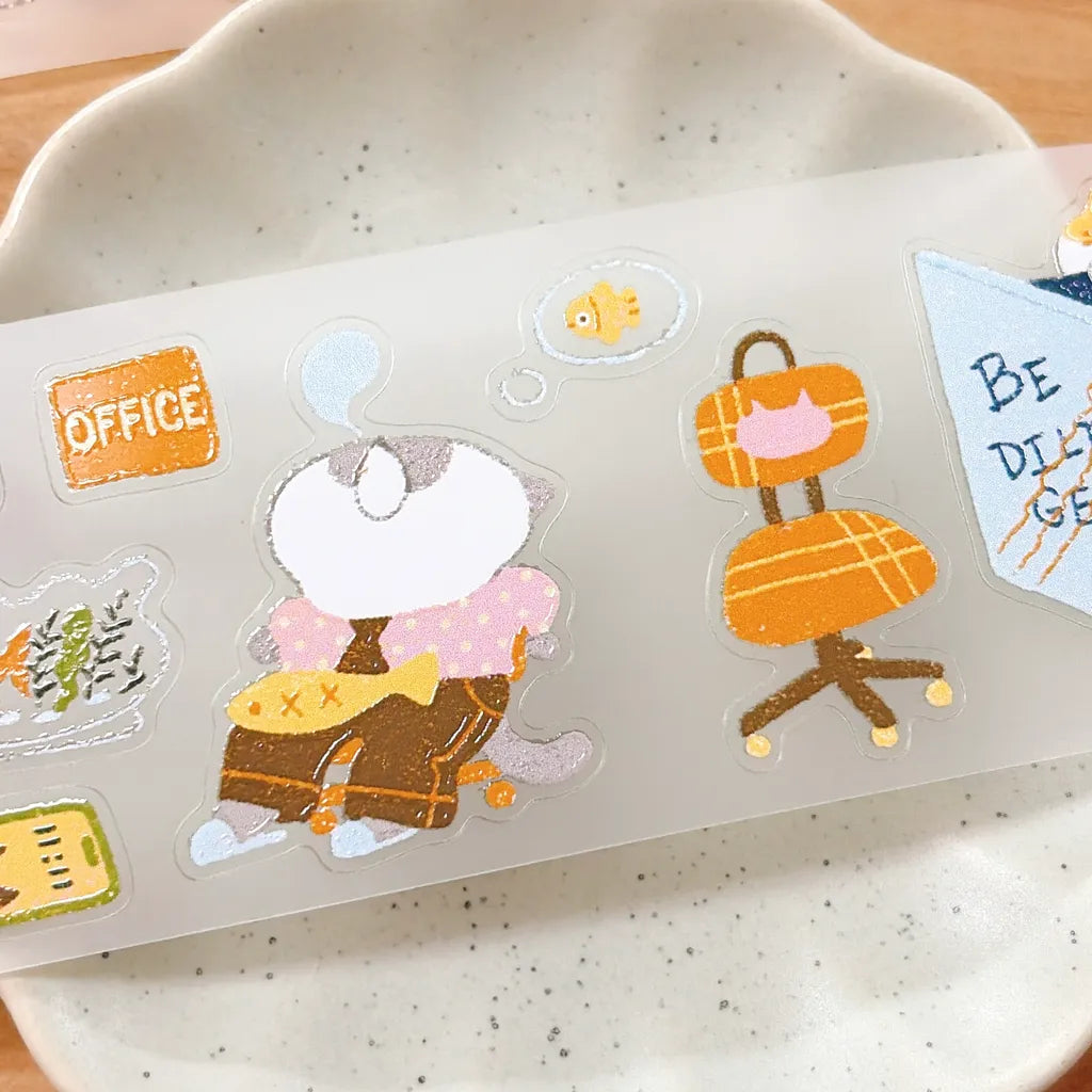 NEW! Idiot_sandwich X 63penhouse - Lazy Office Cat | Kiss-cut | 4cm PET Tape | Release Paper | 5M