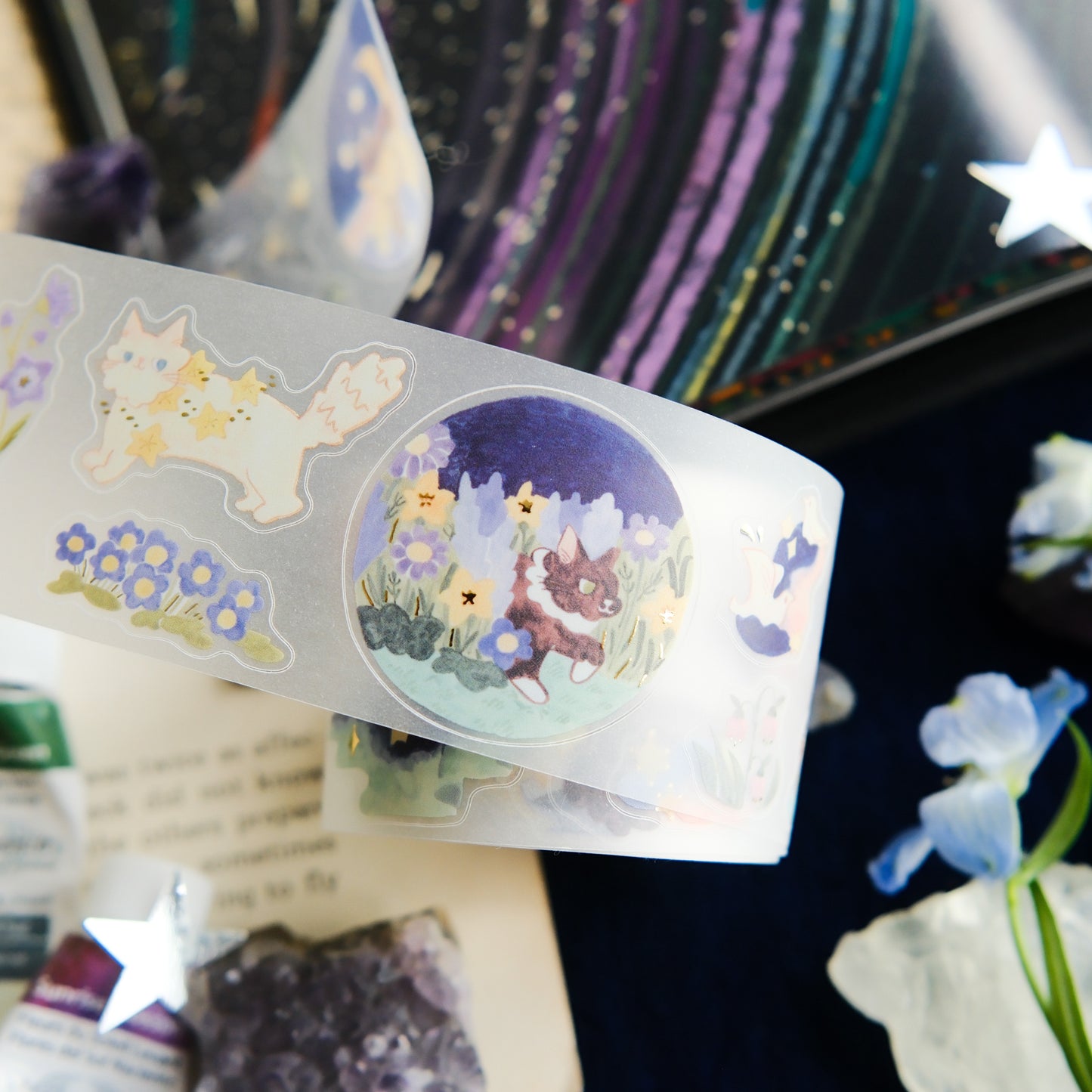 NEW! Teayou - Cat and Stars | Kiss-cut | Gold Foil | 4cm Tracing Paper Tape | Release Paper | 10M
