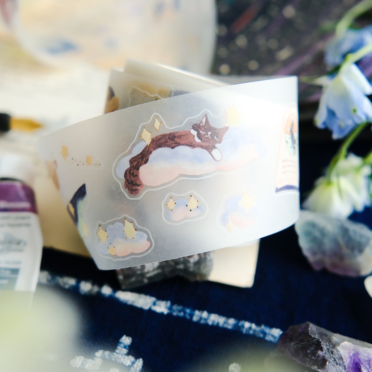 NEW! Teayou - Cat and Stars | Kiss-cut | Gold Foil | 4cm Tracing Paper Tape | Release Paper | 10M