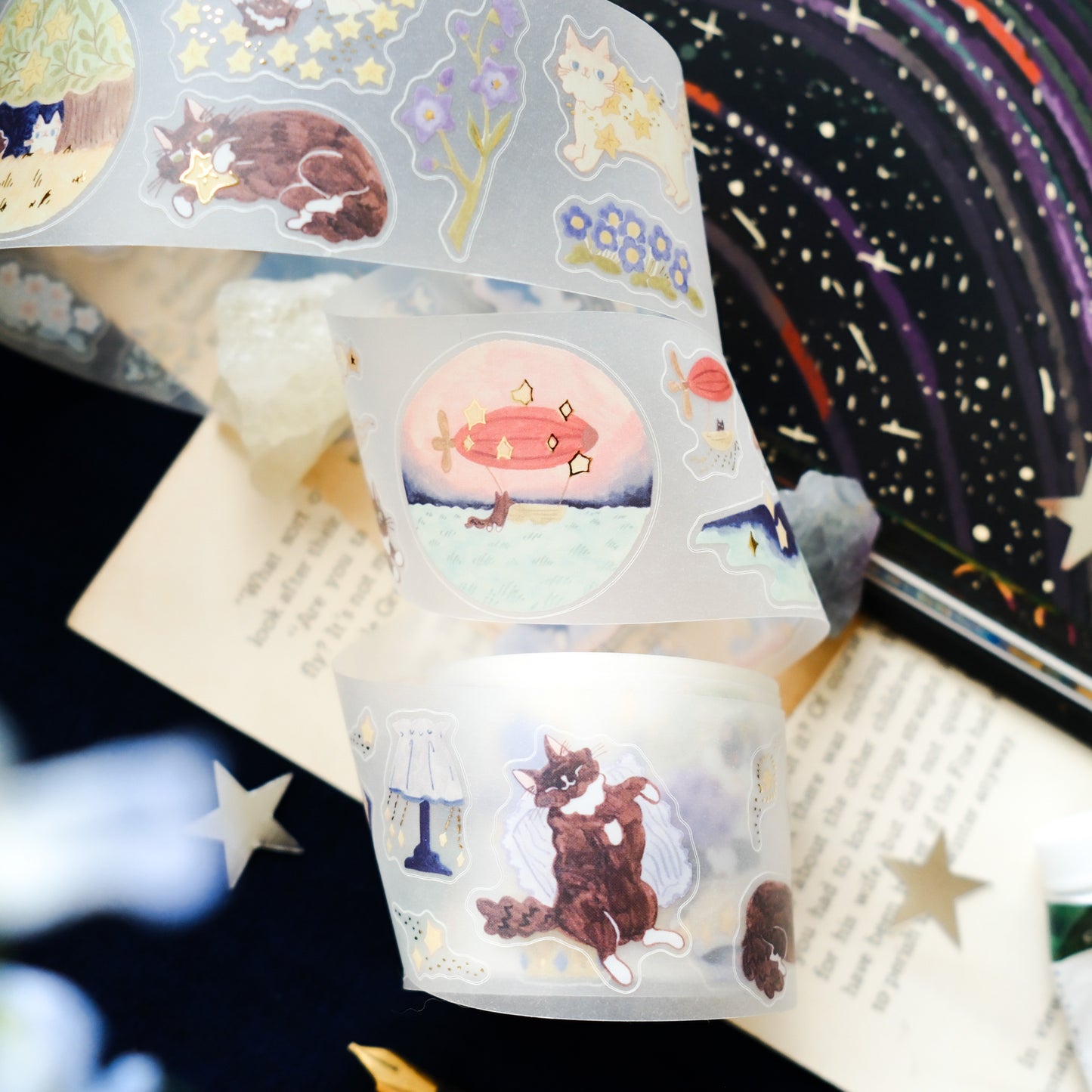 NEW! Teayou - Cat and Stars | Kiss-cut | Gold Foil | 4cm Tracing Paper Tape | Release Paper | 10M