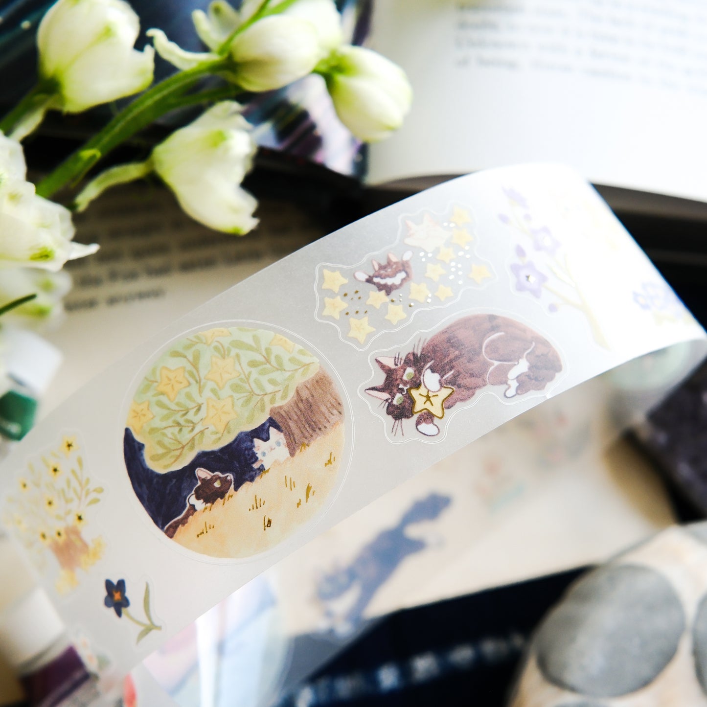 NEW! Teayou - Cat and Stars | Kiss-cut | Gold Foil | 4cm Tracing Paper Tape | Release Paper | 10M