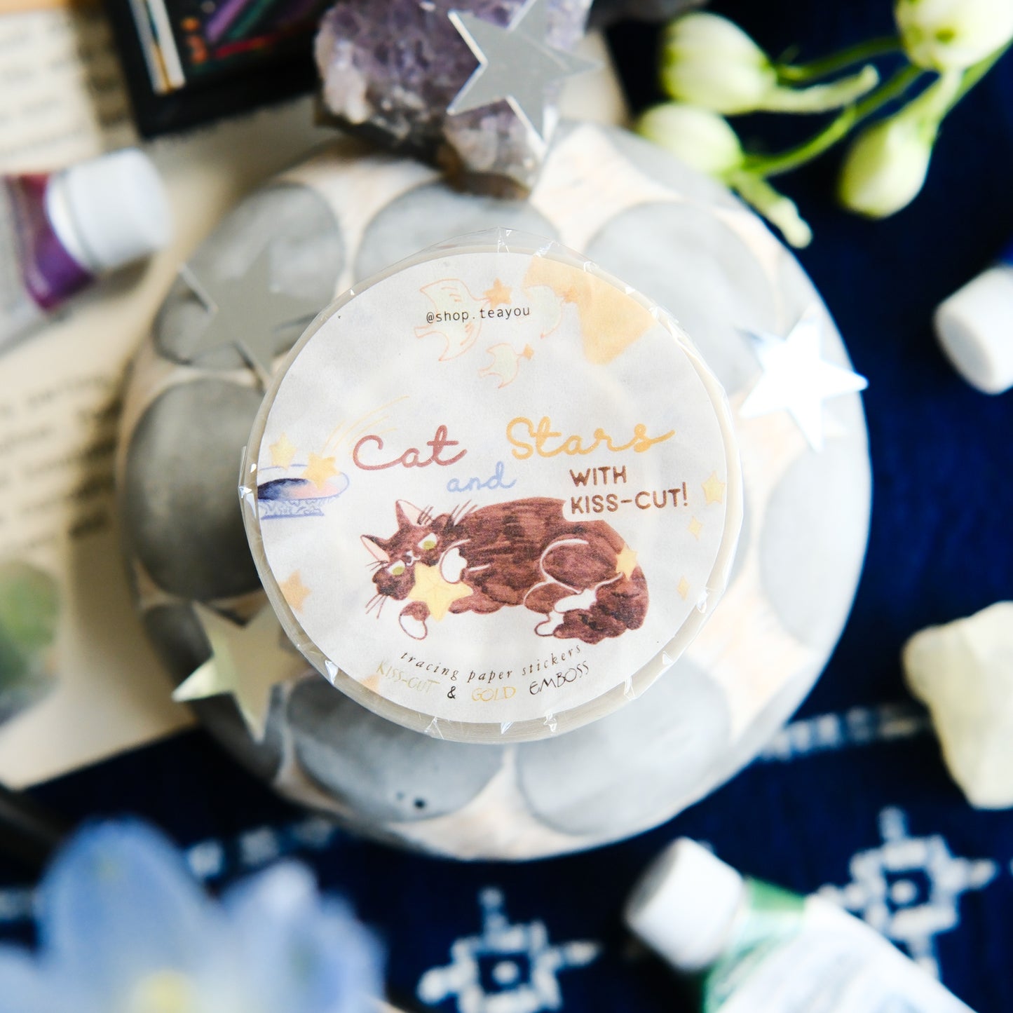 NEW! Teayou - Cat and Stars | Kiss-cut | Gold Foil | 4cm Tracing Paper Tape | Release Paper | 10M