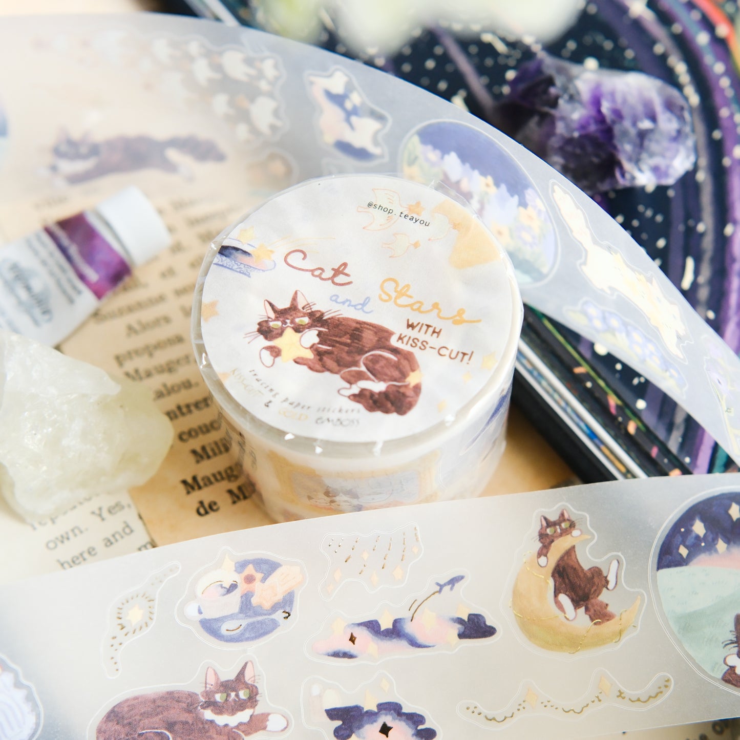 NEW! Teayou - Cat and Stars | Kiss-cut | Gold Foil | 4cm Tracing Paper Tape | Release Paper | 10M