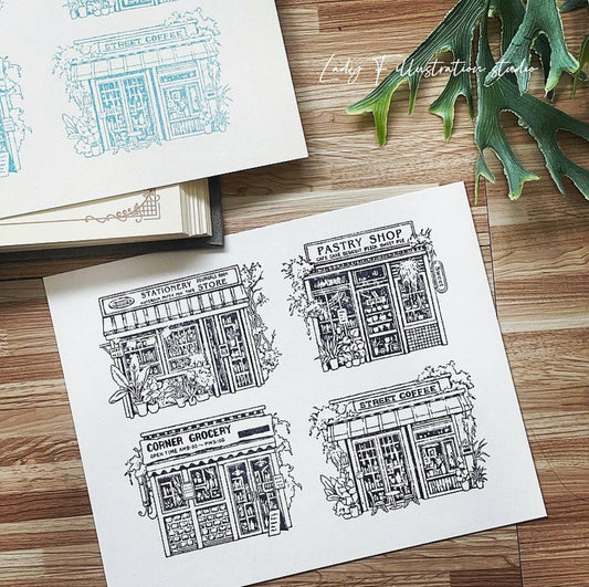Lady F - Retro Store Street Stamp Set | Rubber Stamp | 1 Free Stamp Gift