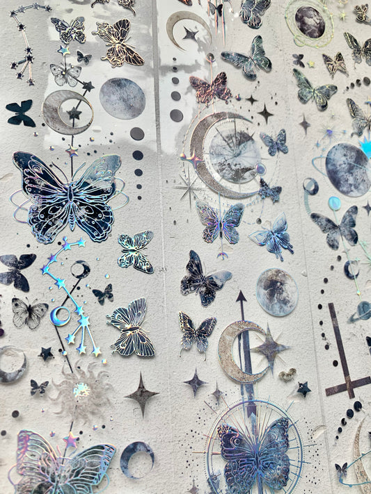 Man - Butterfly & Moon | 6cm Laser Silver | Iridescent PET Tape | Release Paper