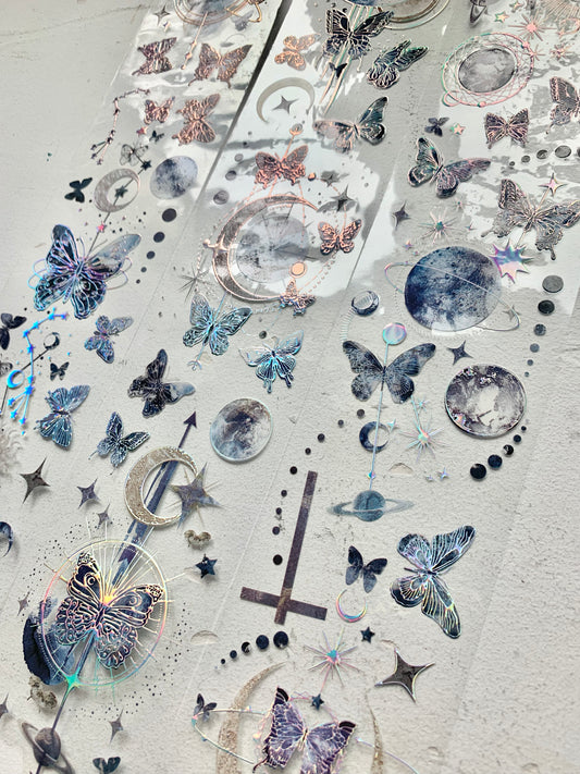 Man - Butterfly & Moon | 6cm Laser Silver | Iridescent PET Tape | Release Paper